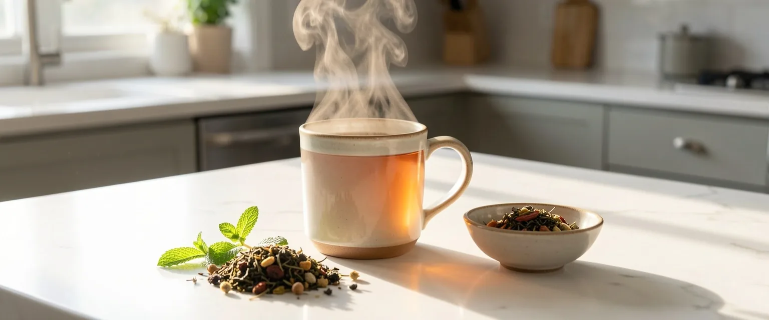 Tazza di tè Good Fit su piano di marmo