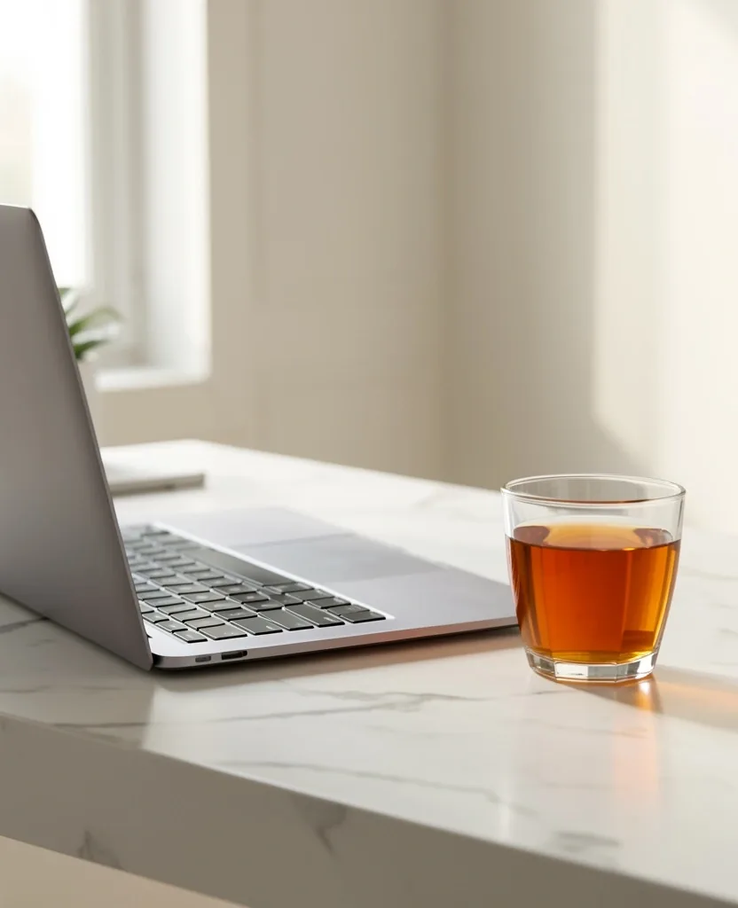 Scrivania minimalista italiana con laptop e tè