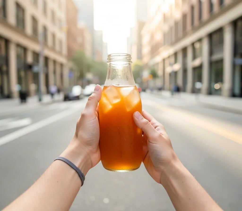 Borraccia di tè freddo durante una caminata urbana
