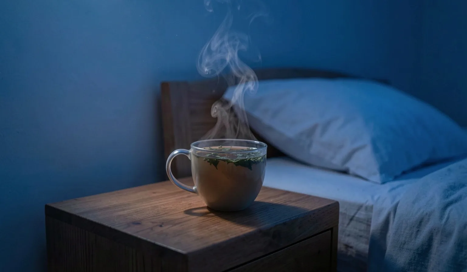 Tazza di tè fumante su comodino in luce serale