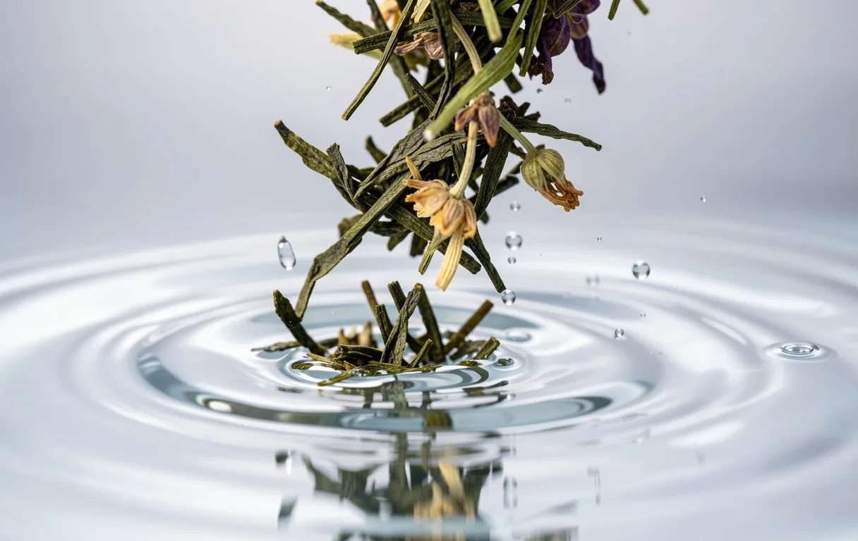 Foglie di tè che si disperdono in acqua limpida