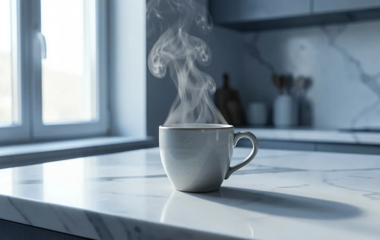 Tazza di tè su banco di marmo in cucina italiana