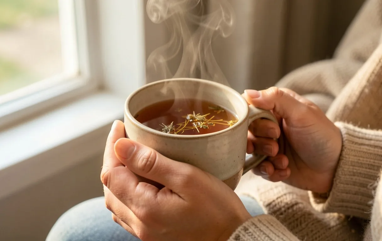 Tazza di tè caldo con vapore che sale
