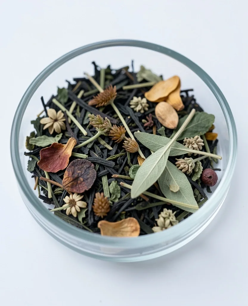 Foglie di tè essiccate in un recipiente di vetro per analisi botanica