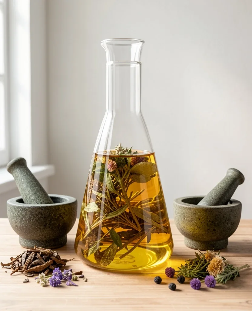 Infuso di tè dal colore ambrato versato in un recipiente di vetro