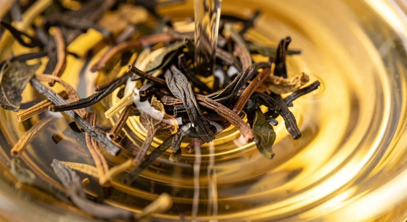Foglia di tè che inizia l'infusione in acqua limpida