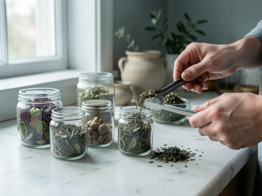 Laboratorio erboristico con ingredienti botanici essiccati